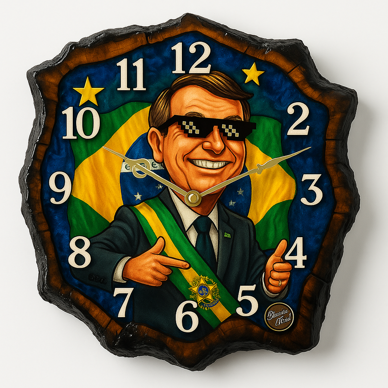 Relógio Bolsonaro Rústico em Madeira e Resina + Brinde Porta-Copos Exclusivo
