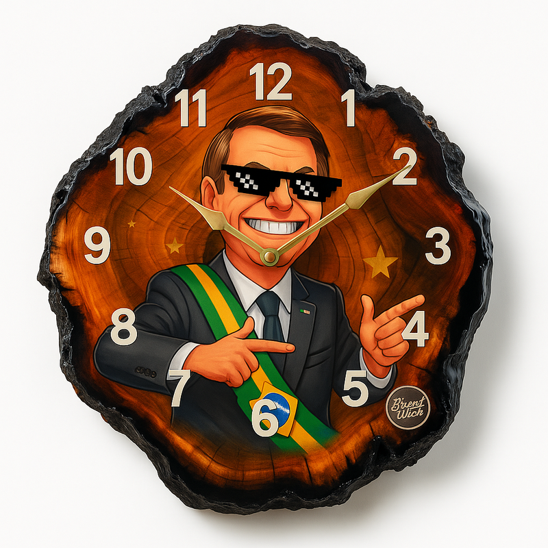 Relógio Bolsonaro Rústico em Madeira e Resina + Brinde Porta-Copos Exclusivo